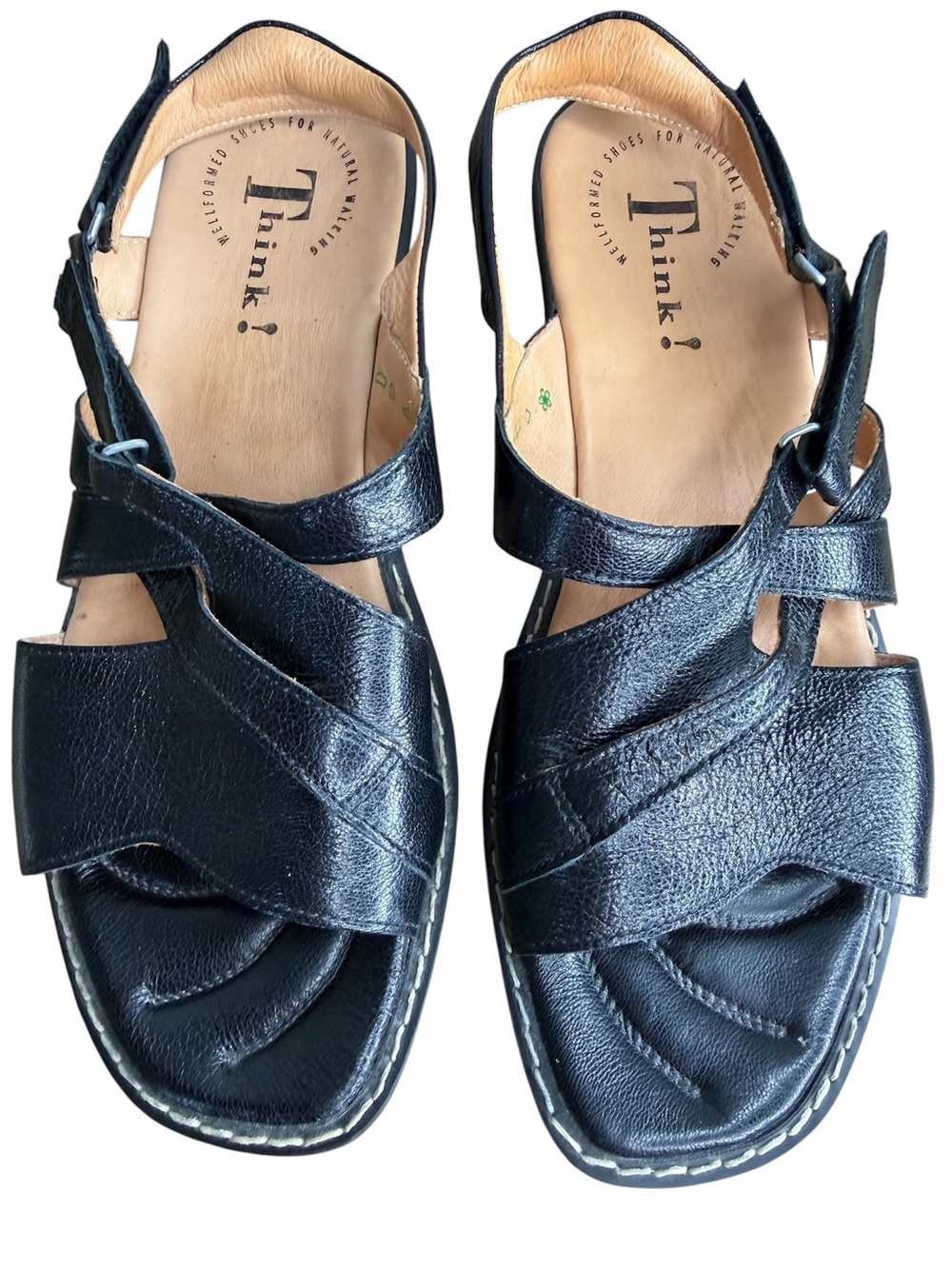 Think! Slingback Sandals size Euro 39/US 8 Black Leather Low Heel Comfort Shoes